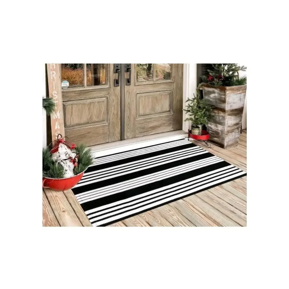 Front Porch Rug 2x3 Black and White Striped Outdoor Rug Washable